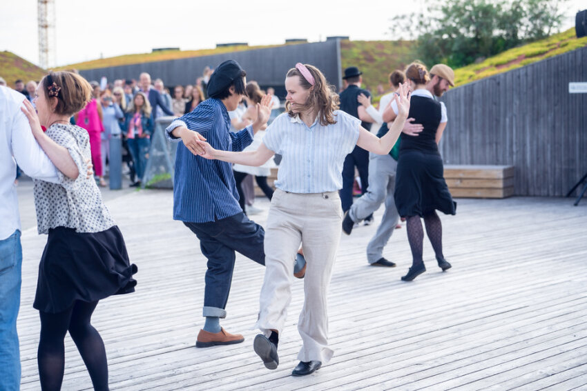 Swing dance class on the rooftop on the last day of the URBACT University.