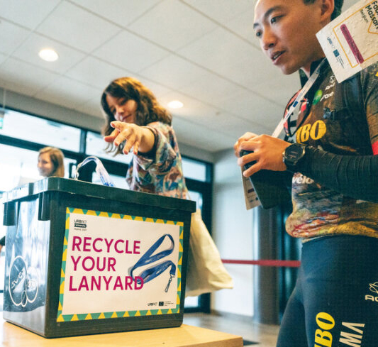 Collection of the URBACT lanyards for recycling.